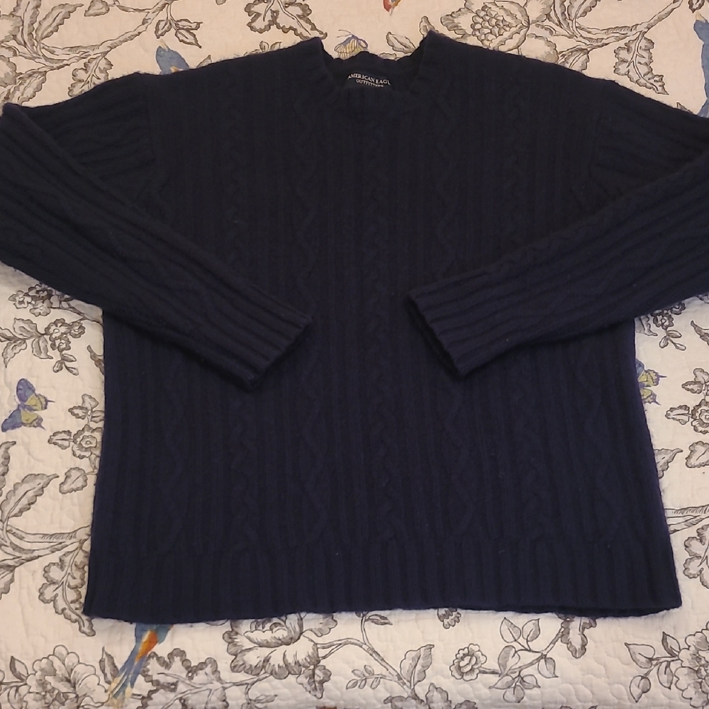 Vintage American Eagle Men's Navy Cable Knit Sweater 100% Wool-Sz Medium
